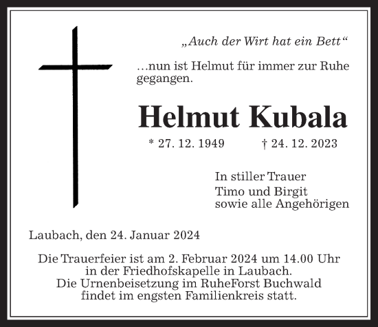 Traueranzeige von Helmut Kubala von Laubacher Anzeiger