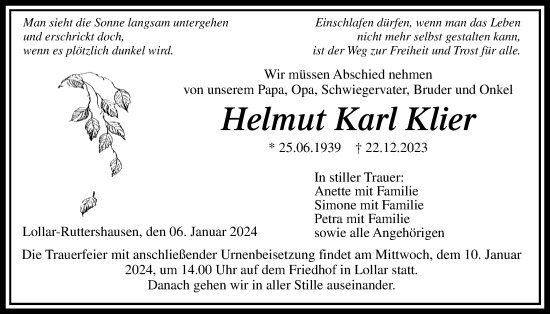 Traueranzeige von Helmut Karl Klier von Giessener Allgemeine, Alsfelder Allgemeine