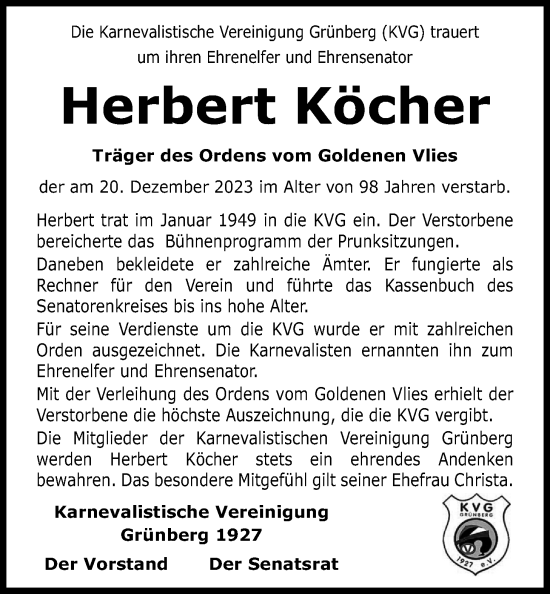 Traueranzeige von Herbert Köcher von Heimatzeitung Grünberg + Laubach