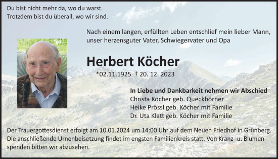 Traueranzeige von Herbert Köcher von Heimatzeitung Grünberg + Laubach