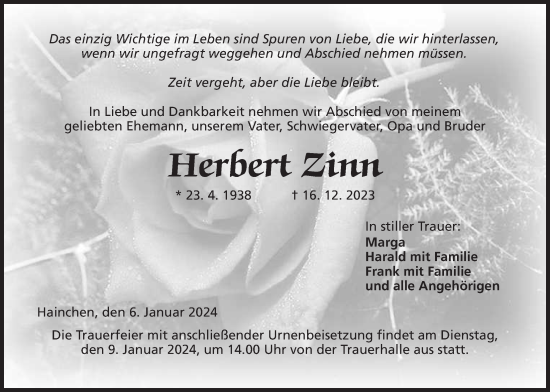 Traueranzeige von Herbert Zinn von Kreis-Anzeiger