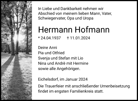 Traueranzeige von Hermann Hofmann von Kreis-Anzeiger