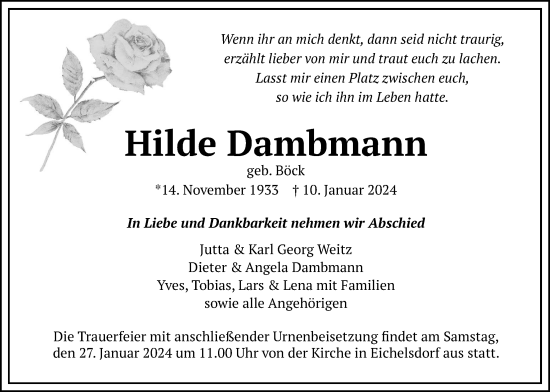 Traueranzeige von Hilde Dambmann von Kreis-Anzeiger