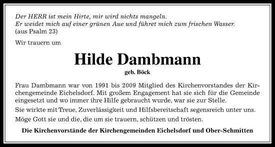 Traueranzeige von Hilde Dambmann von Kreis-Anzeiger