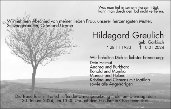 Traueranzeige von Hildegard Greulich von Wetterauer Zeitung