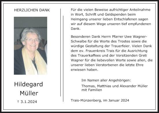 Traueranzeige von Hildegard Müller von Licher Wochenblatt