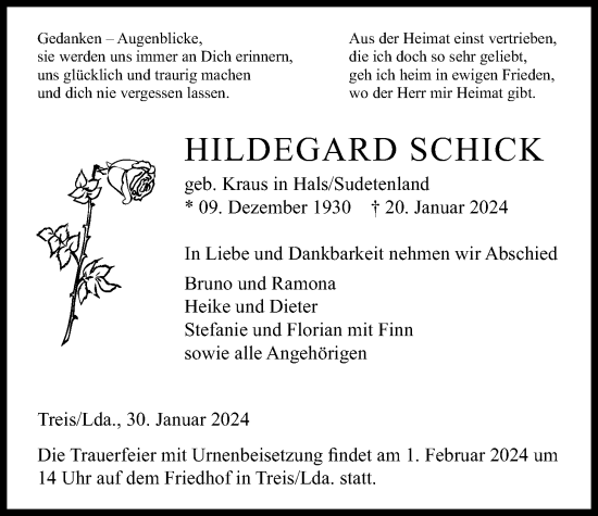 Traueranzeige von Hildegard Schick von Giessener Allgemeine, Alsfelder Allgemeine