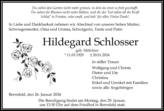 Traueranzeige von Hildegard Schlosser von Giessener Allgemeine, Alsfelder Allgemeine