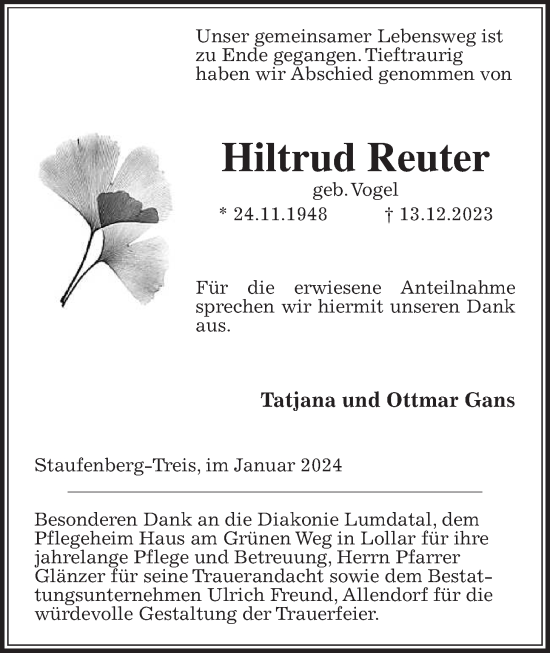 Traueranzeige von Hiltrud Reuter von Giessener Allgemeine, Alsfelder Allgemeine