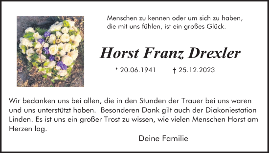 Traueranzeige von Horst Franz Drexler von Giessener Anzeiger, Giessener Allgemeine, Alsfelder Allgemeine