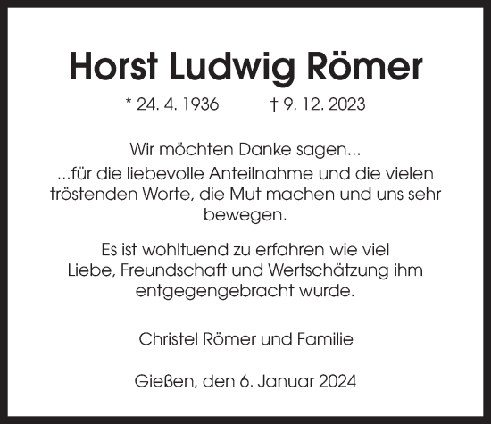 Traueranzeige von Horst Ludwig Römer von Giessener Anzeiger, Giessener Allgemeine, Alsfelder Allgemeine