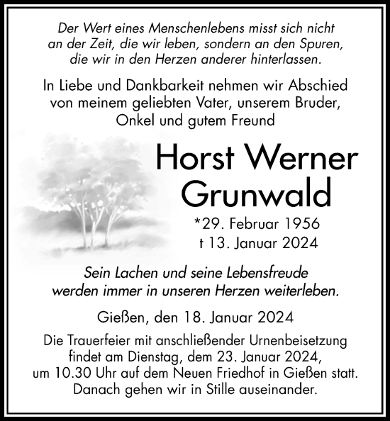 Traueranzeige von Horst Werner Grunwald von Giessener Anzeiger, Giessener Allgemeine, Alsfelder Allgemeine, Giessener Anzeiger, Giessener Allgemeine, Alsfelder Allgemeine