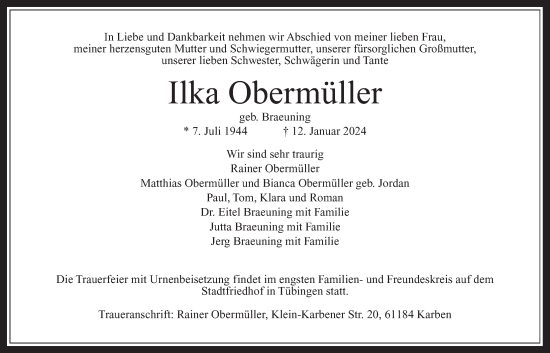 Traueranzeige von Ilka Obermüller von Bad Vilbel/Karben
