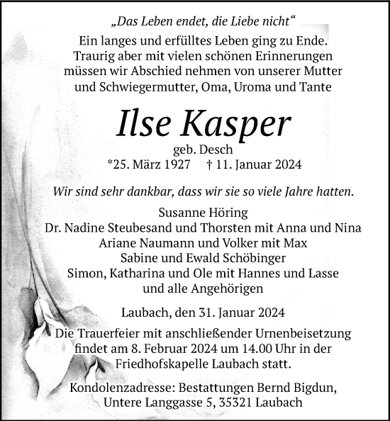 Traueranzeige von Ilse Kasper von Laubacher Anzeiger