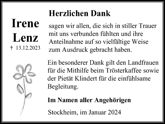 Traueranzeige von Irene Lenz von Kreis-Anzeiger