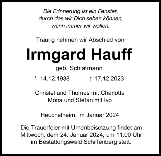 Traueranzeige von Irmgard Hauff von Giessener Allgemeine, Alsfelder Allgemeine