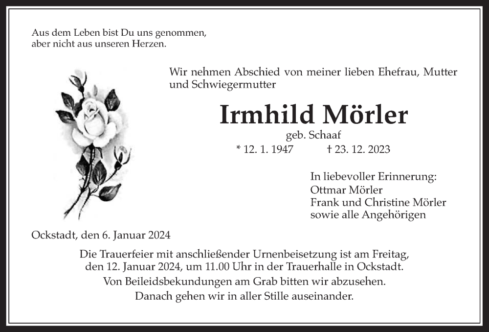  Traueranzeige für Irmhild Mörler vom 06.01.2024 aus Wetterauer Zeitung