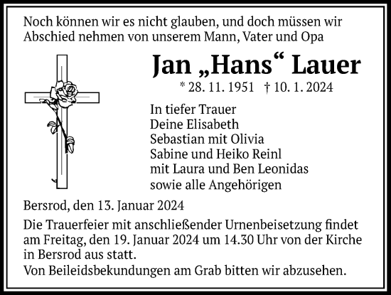 Traueranzeige von Jan Lauer von Giessener Allgemeine, Alsfelder Allgemeine