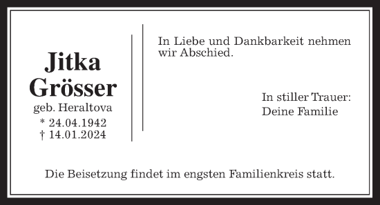 Traueranzeige von Jitka Grösser von Bad Vilbel/Karben