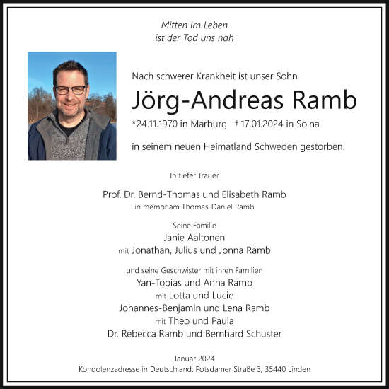 Traueranzeige von Jörg-Andreas Ramb von Giessener Allgemeine, Alsfelder Allgemeine, Giessener Anzeiger
