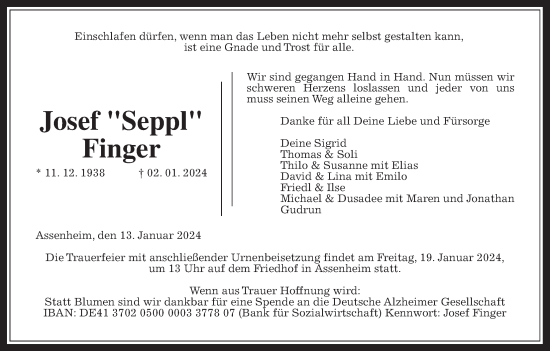 Traueranzeige von Josef Finger von Wetterauer Zeitung