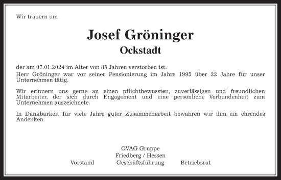 Traueranzeige von Josef Gröninger von Wetterauer Zeitung