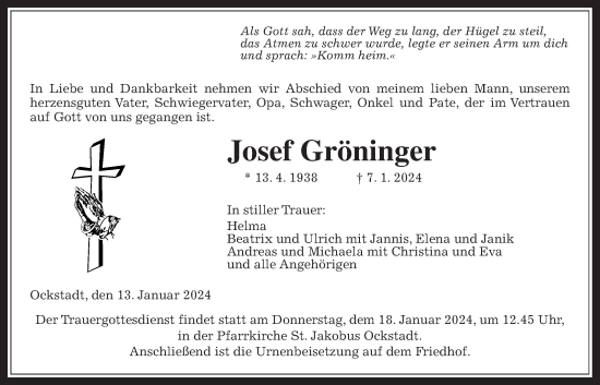 Traueranzeige von Josef Gröninger von Wetterauer Zeitung
