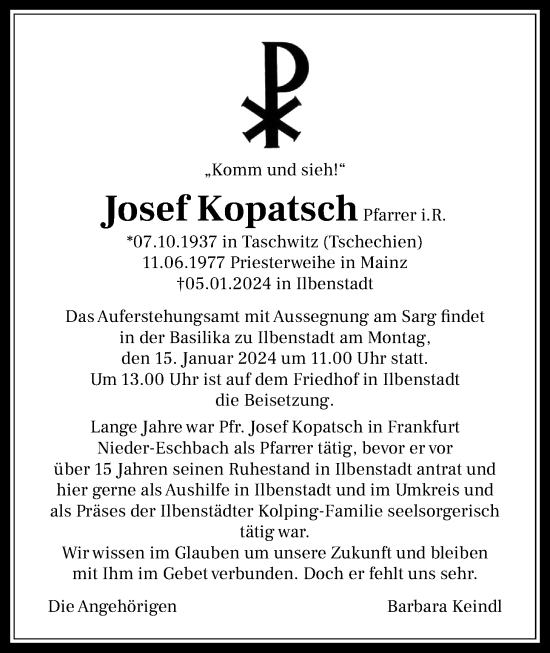 Traueranzeige von Josef Kopatsch von Wetterauer Zeitung