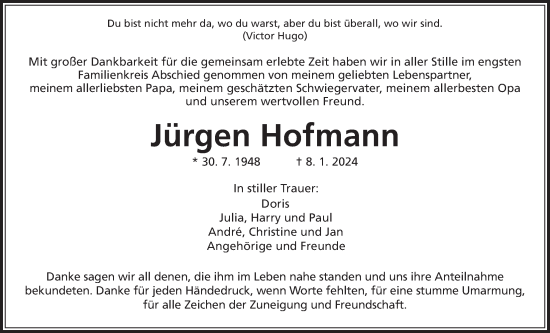 Traueranzeige von Jürgen Hofmann von Giessener Allgemeine, Alsfelder Allgemeine