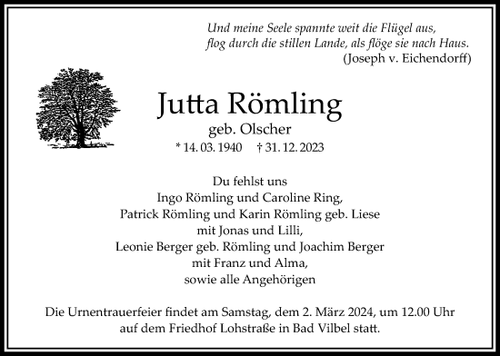 Traueranzeige von Jutta Römling von Bad Vilbel/Karben