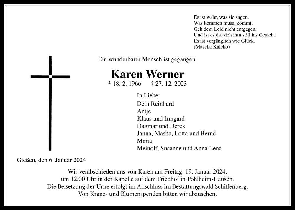  Traueranzeige für Karen Werner vom 06.01.2024 aus Giessener Allgemeine, Alsfelder Allgemeine, Giessener Anzeiger