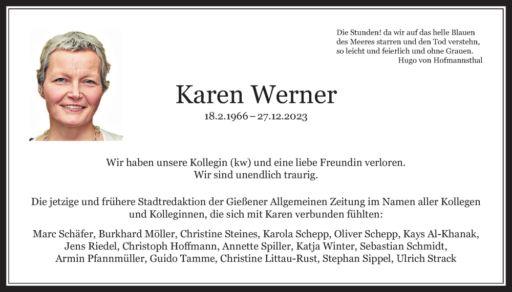  Traueranzeige für Karen Werner vom 06.01.2024 aus Giessener Allgemeine, Alsfelder Allgemeine