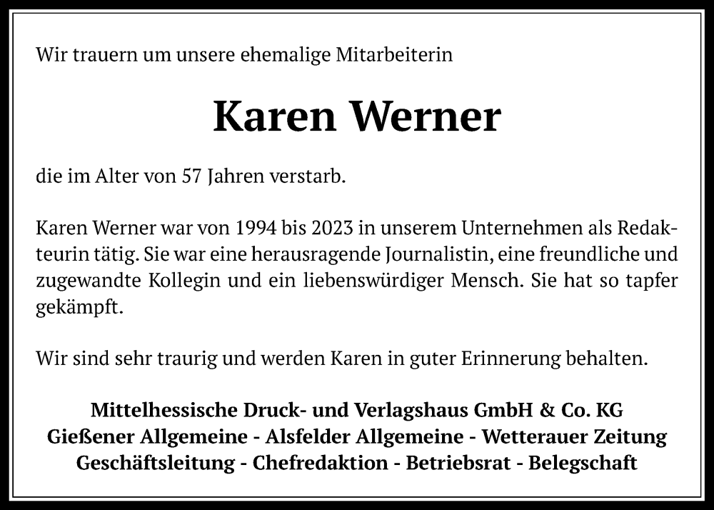  Traueranzeige für Karen Werner vom 06.01.2024 aus Giessener Allgemeine, Alsfelder Allgemeine