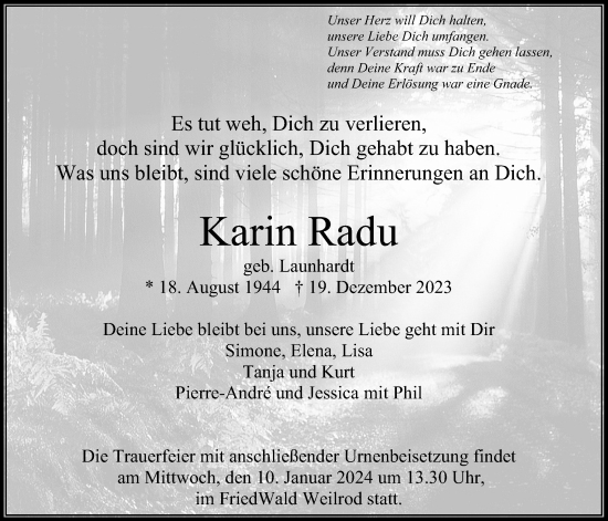 Traueranzeige von Karin Radu von Usinger Anzeiger