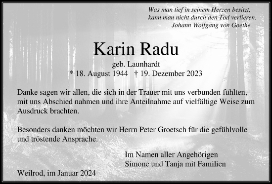 Traueranzeige von Karin Radu von Usinger Anzeiger