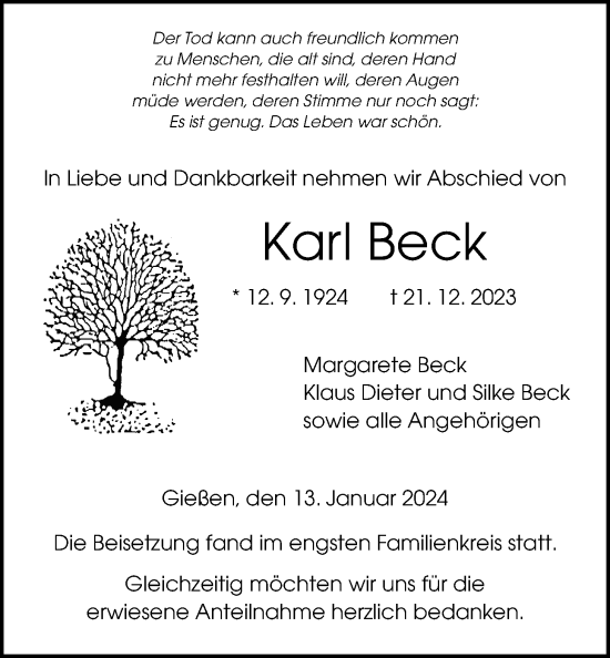 Traueranzeige von Karl Beck von Giessener Anzeiger, Giessener Allgemeine, Alsfelder Allgemeine