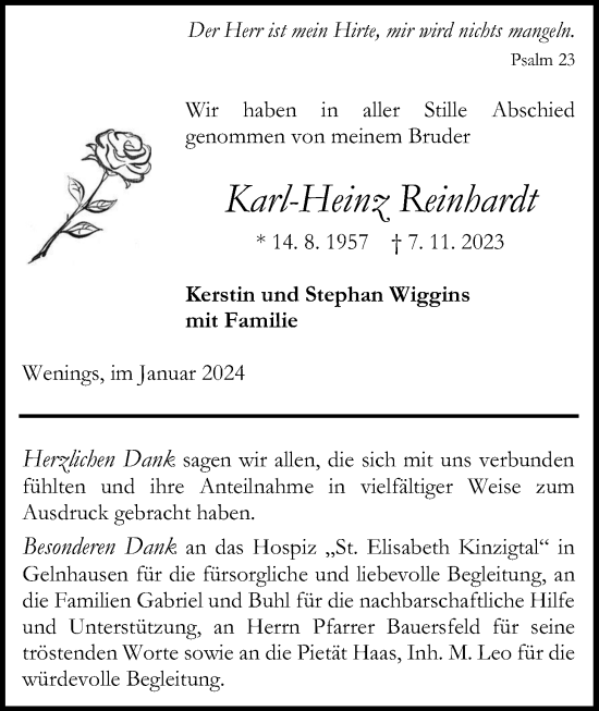 Traueranzeige von Karl-Heinz Reinhardt von Kreis-Anzeiger