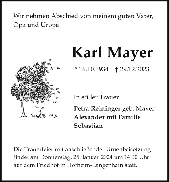 Traueranzeige von Karl Mayer 