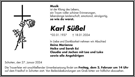 Traueranzeige von Karl Süßel von Kreis-Anzeiger