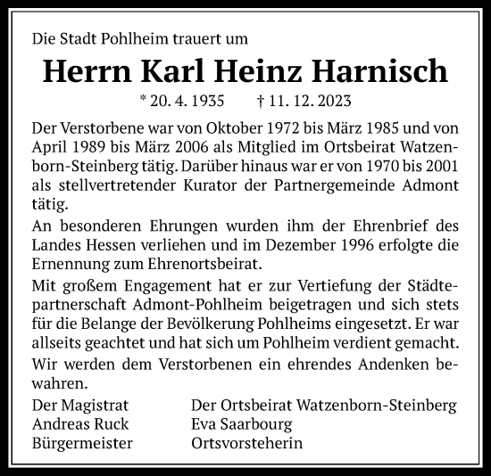 Traueranzeige von Karl Heinz Harnisch von Pohlheimer Nachrichten, Pohlheimer Nachrichten