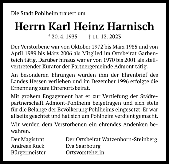 Traueranzeige von Karl Heinz Harnisch von Pohlheimer Nachrichten