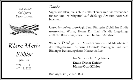 Traueranzeige von Klara Marie Köhler von Kreis-Anzeiger
