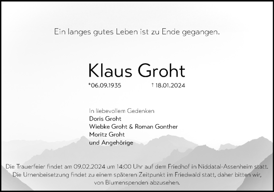 Traueranzeige von Klaus Groht von Wetterauer Zeitung