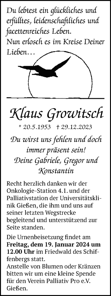 Traueranzeige von Klaus Growitsch von Giessener Anzeiger, Giessener Allgemeine, Alsfelder Allgemeine