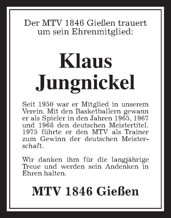 Traueranzeige von Klaus Jungnickel von Giessener Allgemeine, Alsfelder Allgemeine, Giessener Anzeiger