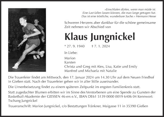 Traueranzeige von Klaus Jungnickel von Giessener Allgemeine, Alsfelder Allgemeine