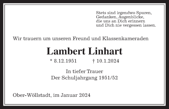Traueranzeige von Lambert Linhart von Wetterauer Zeitung