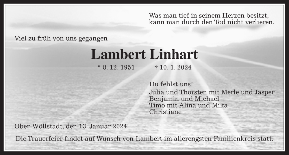  Traueranzeige für Lambert Linhart vom 13.01.2024 aus Wetterauer Zeitung