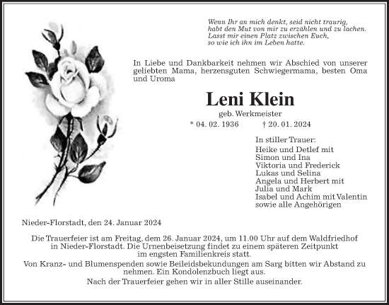 Traueranzeige von Leni Klein von Wetterauer Zeitung