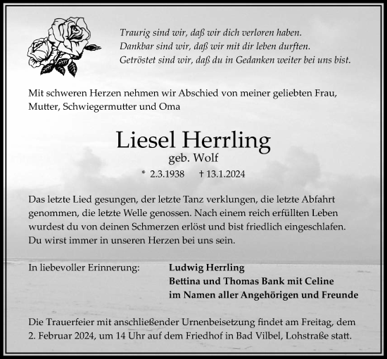 Traueranzeige von Liesel Herrling von Bad Vilbel/Karben